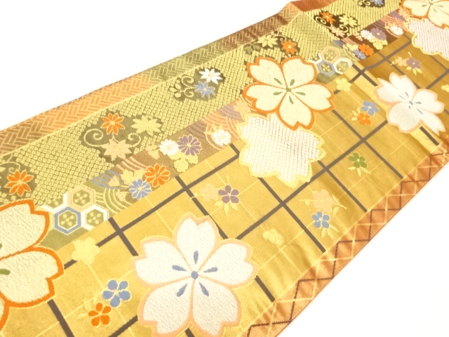  格子に花々・葉・古典柄模様織出し全通袋帯